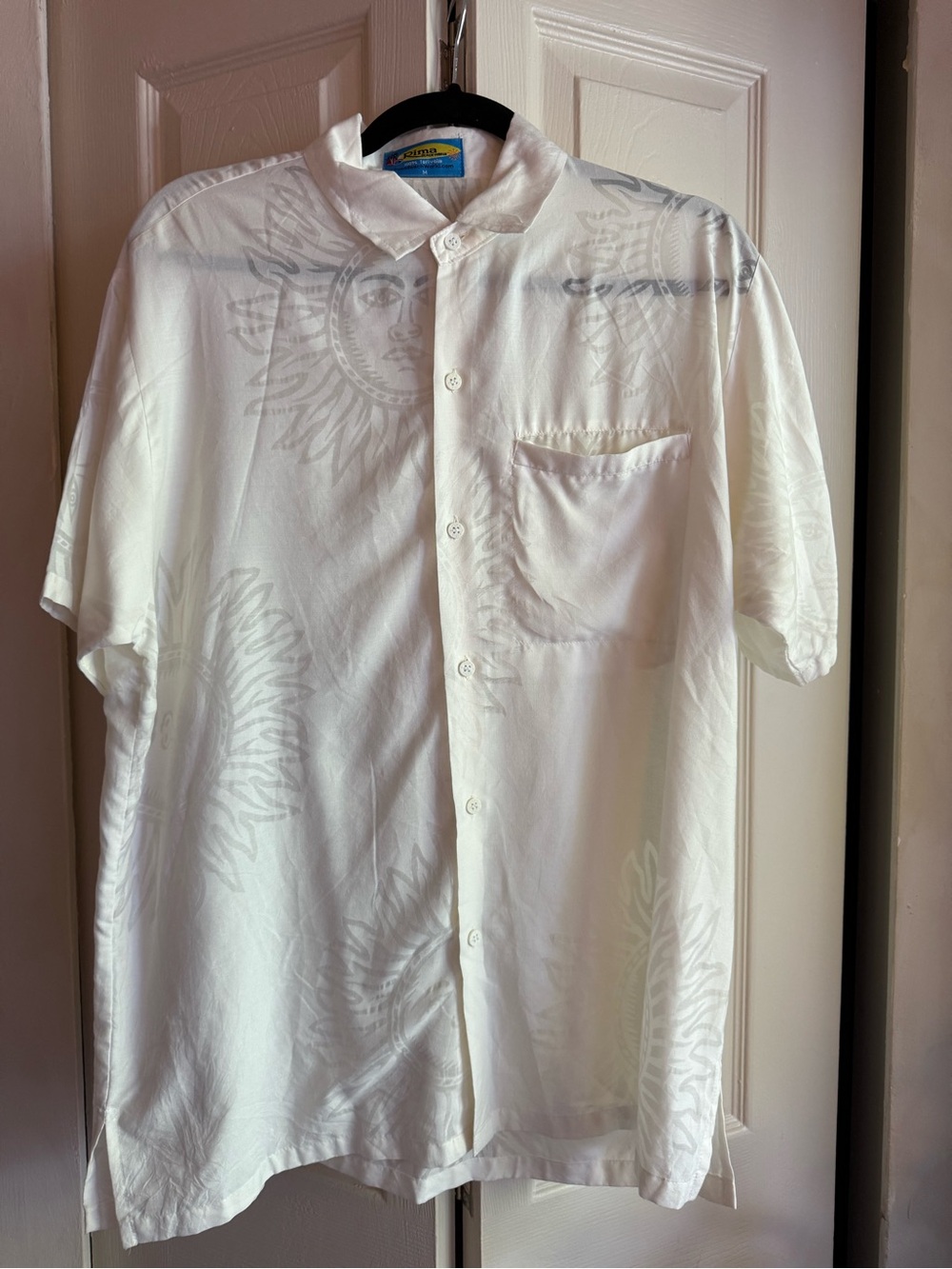 Men's White Short-Sleeve Button-Up Shirt with Sun Faces